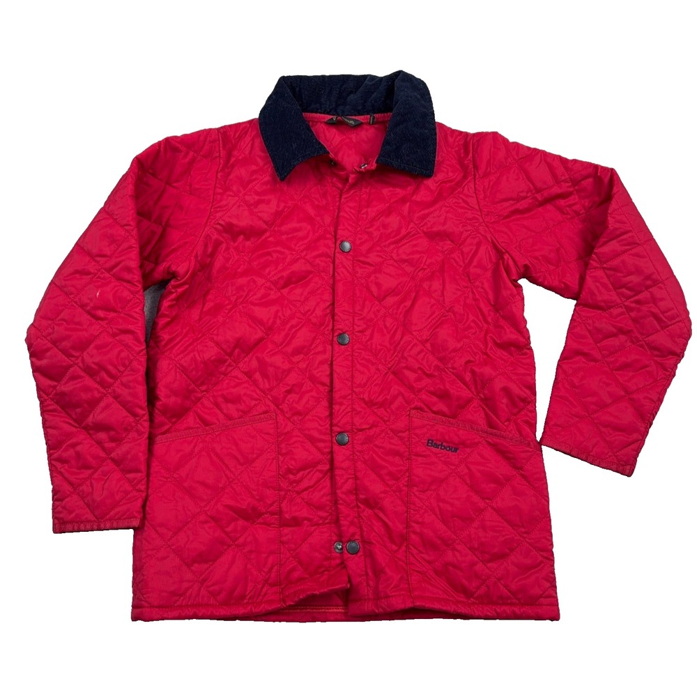 Barbour Quilted Jacket Boys Large Red Union Jack Corduroy Collar Chore Kids